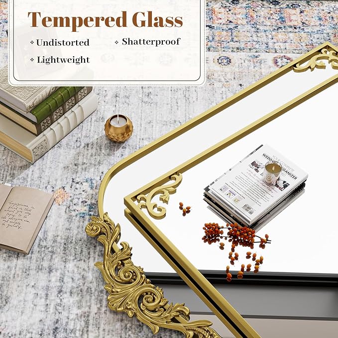 26x38 inch Vintage Arched Bathroom Mirror - Gorgeous Wall Vanity Mirror with Beautiful Retro Top and Bottom Engraving Process Frame for Entryway Hallway Living Room, Gold