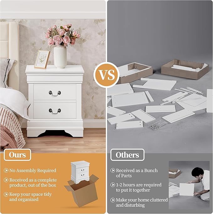 Yaheetech Fully-Assembled Nightstand with Drawers, Classic 2-Drawer Nightstand Large Bedside Table with Storage, Wooden Painted Storage Cabinet for Bedroom, 21.5″L×16″W×24.5″H, White