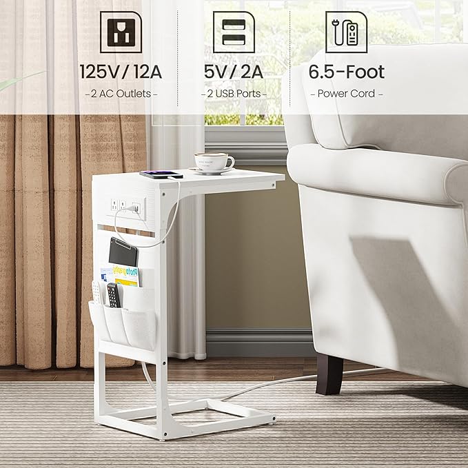 TUTOTAK C Shaped End Table with Charging Station, Side Table for Sofa, Couch Table with Storage Bag, Set of 2, TV Tray Table with 2 USB Ports and Outlets for Living Room, Bedroom, White TB01BW0242