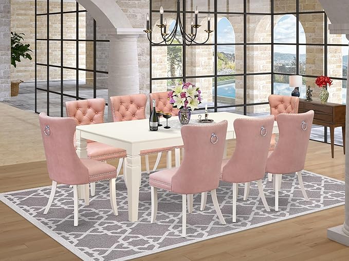 East West Furniture LGDA9-LWH-23 9 Piece Kitchen Set Contains a Rectangle Dining Table with Butterfly Leaf and 8 Polyester Fabric Upholstered Chairs, linen white