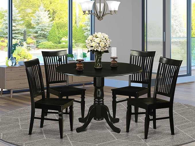 East West Furniture DLWE5-BLK-W 5 Piece Dinette Set for 4 Includes a Round Dining Table with Dropleaf and 4 Dining Room Chairs, 42x42 Inch, Black