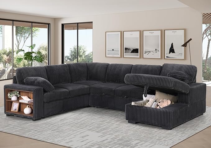 Eafurn Oversized U Shaped Convertible Sleeper Sectional Sofa w/Pull Out Couch Bed, 6 Seater Corduroy Upholstered Corner Lounge Sofa Couch Sleeper Sofabed w/Storage Chaise,Shelves