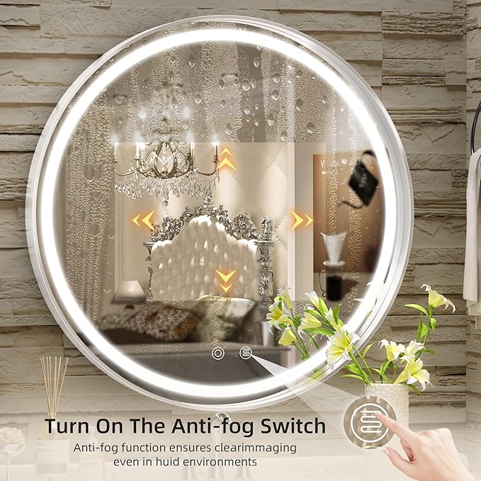 Hasipu 24 Round LED Mirror for Bathroom with Lights, Silver Circular Vanity Mirror for Wall, Metal Framed Frontlit Bathroom Mirrors Anti-Fog, Dimmable, 3 Colors Makeup Mirror Wall Mounted