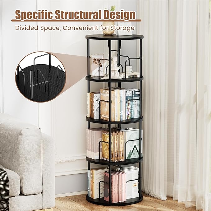 Rotating Bookshelf, 4 Tier Spinning Bookshelf Tower, 360° Display Round Bookcase, Floor Standing Corner Revolving Bookshelf Organizer Storage Rack for Small Spaces, Home Study Office, Black