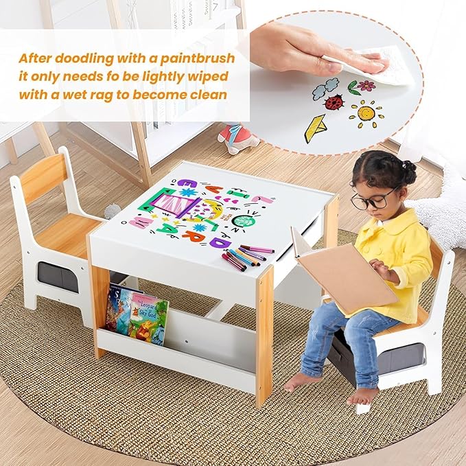 Asweets Kids Table and Chair Set,4 in 1 Toddler Desk with Storage Drawer,Wooden Activity Table for 2 in 1 Detachable Tabletop,Bookshelf,Suitable for Classroom,Home,Nursery,Playroom (Ivory White)