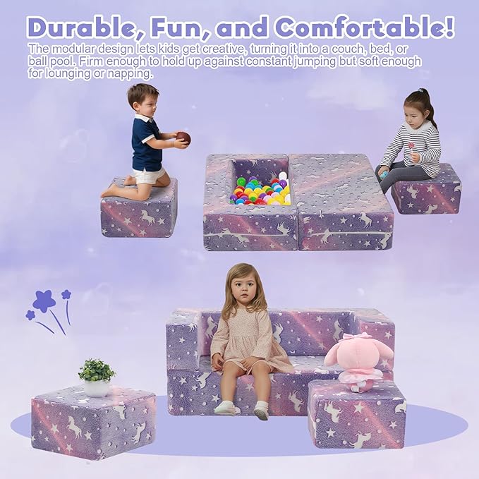 MeMoreCool Unicorn Modular Kids Couch, Glow Rainbow Play Toddler Couch for Bedroom, Convertible Foam Kids Sofa Bed, Fold Out Baby Sofa for Girl Boy, Purple