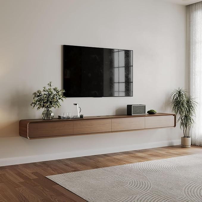POVISON Fully-Assembled Minimalist Floating TV Stand, Modern Wall-Mounted Entertainment Center with 4 Flip-Down Cabinet Doors, Solid Wood Media Console, 110.24"