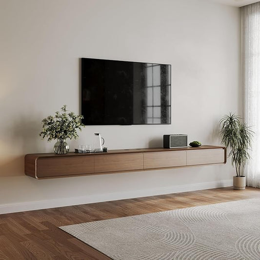 POVISON Fully-Assembled Minimalist Floating TV Stand, Modern Wall-Mounted Entertainment Center with 4 Flip-Down Cabinet Doors, Solid Wood Media Console, 110.24"