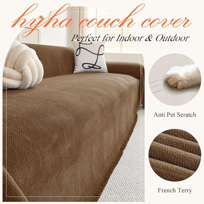 hyha Couch Cover for Dogs, Boho Sofa Covers for 3 Cushion Couch Washable, Chenille Sofa Slipcover for Pets, Soft Loveseat Sectional Couch Throw Blankets with Tassels (Chocolate, 88.5x118 Inch)