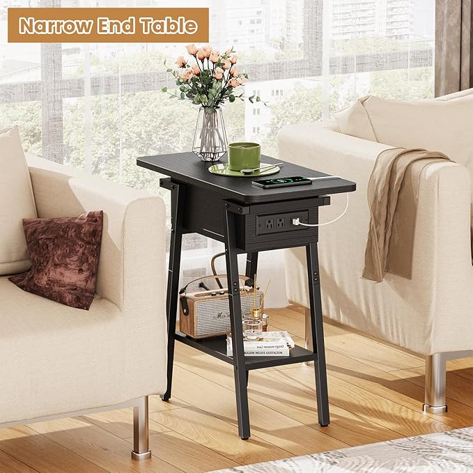 End Table with Charging Station, Flip Top Side Table with USB Ports and Outlets, Bedside Tables for Small Spaces,Nightstand with Storage Shelf for Living Room, Bedroom, Black