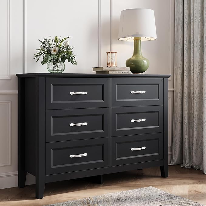 LINSY HOME 6 Drawers Dresser for Bedroom, 47" Wide Wooden Storage Chest with Antique Handles, Modern Farmhouse Dresser TV Stand with Wood Legs for Closet, Living Room, Hallway, Black