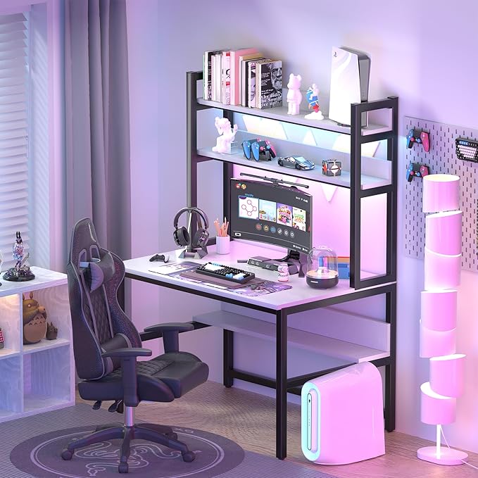 Aquzee Computer Desk with Shelves, 47" W x 23.6" D Gaming Desk with Hutch and Bookshelf, White Study Table for Bedroom Space Saving with 3 Tier Storage Shelf, Home Office Desk for Writing Work