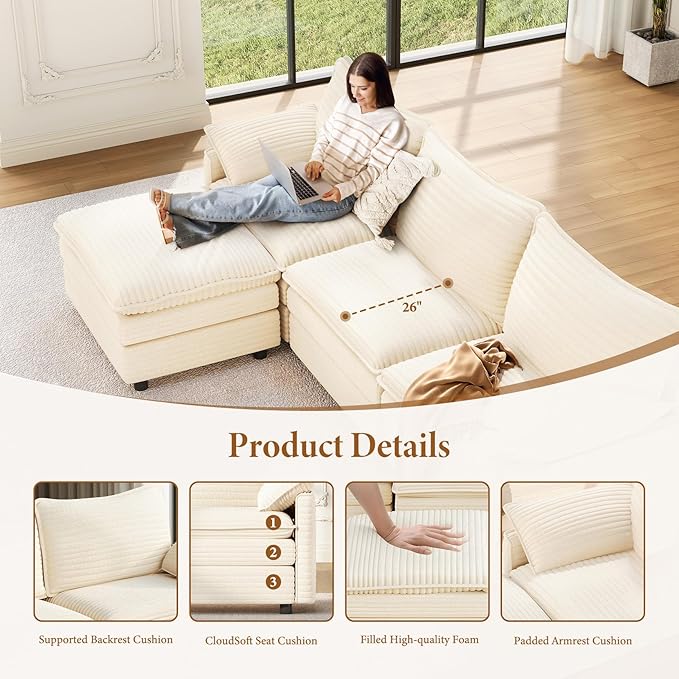 Vesgantti 142" U Shaped Sectional Couch, Comfy Cloud Modular Sectional Sofa with 2 Ottoman Deep Seat Corduroy Modern Cloud Sofa, Modular Sofas for Living Room, Bedroom and Apartment, Beige