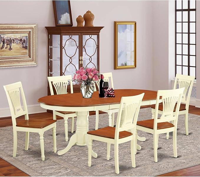 East West Furniture PLAI7-WHI-W 7 Piece Modern Dining Table Set Consist of an Oval Wooden Table with Butterfly Leaf and 6 Dining Room Chairs, 42x78 Inch, Buttermilk & Cherry