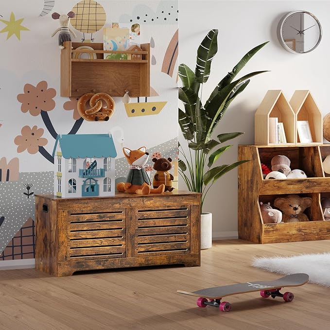 DINZI LVJ Storage Chest, 39.4”Wooden Toy Box with 2 Safety Hinges, Retro Entryway Shoe Storage Bench with Flip-Top, Sturdy Large Storage Trunk for Living Room, Bedroom, Easy Assembly, Rustic Brown
