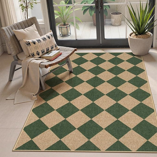 Lahome Checkered Outdoor Patio Easy Jute Rug, 3x5 Dark Green Washable Front Porch Door Rug, Farmhouse Indoor Outdoor Carpet Non Slip Non Shedding Carpet for Entryway Living Room Deck