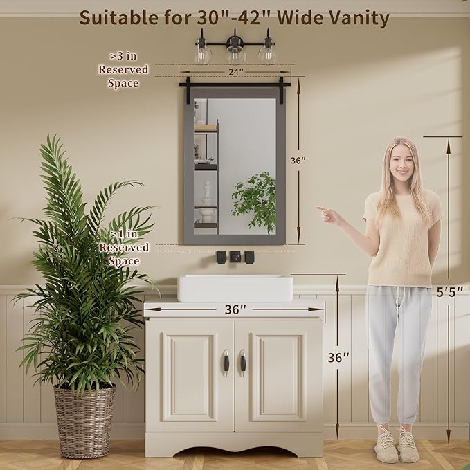 Farmhouse Wall Mirror, Rustic Wood Frame Bathroom Mirror Barn Door Inspired Decorative Vanity Dress Mirrors for Living Room Entryway, 24x36 INCH Gray Vertical