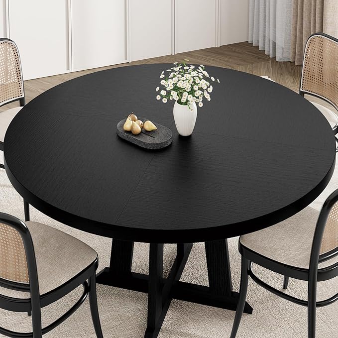 Round Dining Table for 4, 47 Inch Wooden Circle Dinner Table with Sturty Legs, 4 Parts of Tabletop, Round Pedestal Kitchen Tables for Dining Room, Kitchen, Living Room, Brown
