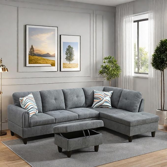 L Shaped Sectional Couches, Modern Modular Sectional Sofa for Living Room Bedroom Furniture, Comfortable 4 Seat Couch with Ottoman Storage & Chaise, Gray