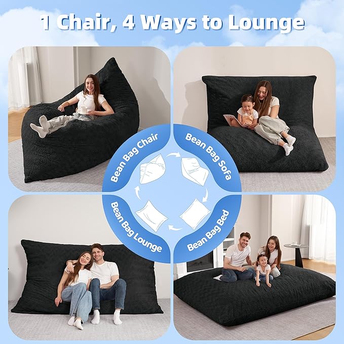 HABUTWAY 4 in 1 Bean Bag Chair, Giant Memory Foam Filling Bean Bag Sofa, Adult Bean Bag Chair, Machine Washable Faux Fur Cover, Bean Bag for Adult (Black)