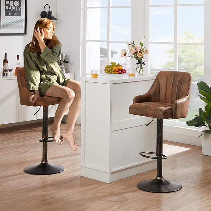 VECELO Bar Stools Set of 4, Adjustable Barstools, Counter Height Stools with Back and Arm, Kitchen Island Stools, Swivel PU Chairs for Pub, Dining Room, Industrial Style, Dark Brown