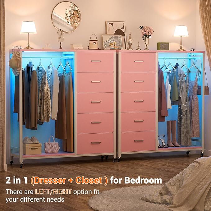 Cyclysio Dresser for Bedroom with Clothes Rack, 5 Fabric Drawers Dresser with Charging Station & LED Lights, Pink Storage Chest of Drawers with Wheels, Wooden Top, Lockable Wheels, Closet, Pink