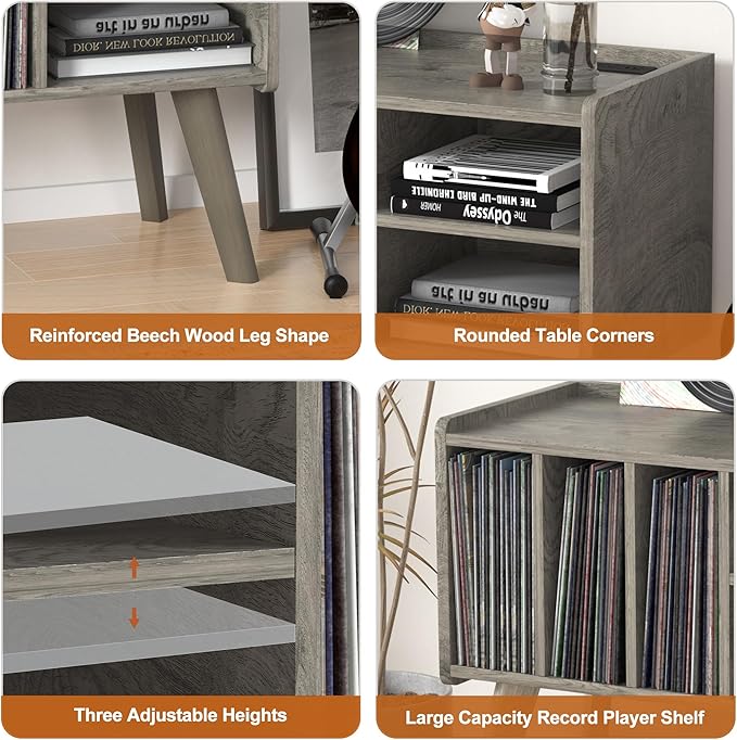 Forevich Record Player Stand Table with Vinyl Storage Holder Large Turntable Record Stand with Power Outlet Holds Up to 220 Albums Display Shelf Cabinet with Wood Legs for Living Room Oak