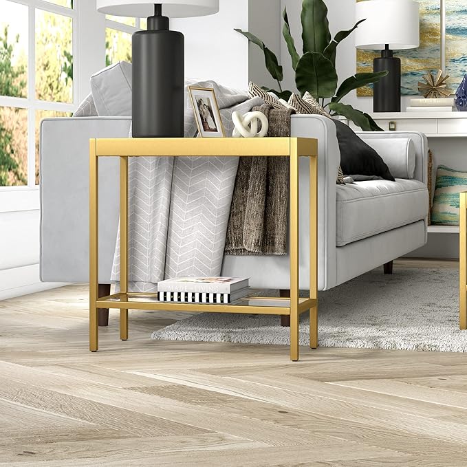 Henn&Hart 24" Wide Rectangular Rectangular Side Table in Brass, Table for Living Room, Bedroom