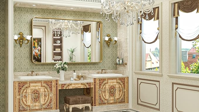 TokeShimi Gold Bathroom Mirror for Wall 48 x 30 Inch Metal Rounded Corner Rectangle Mirror Wall Mirror in Aluminum Alloy Metal Frame Deep Set Design Hangs Horizontal Or Vertical