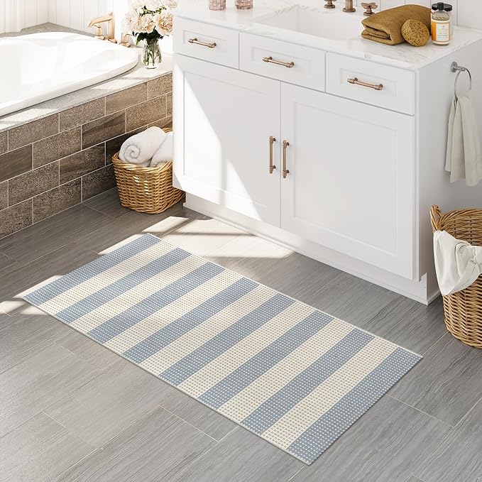 OJIA Outdoor Porch Rug Front Door Mat 24'x51, Washable Checkered Entry Striped Front Door Rug Cotton Woven Kitchen Carpet Small Area Rug for Entryway Patio Bedroom Bathroom (Blue/White/Tan)