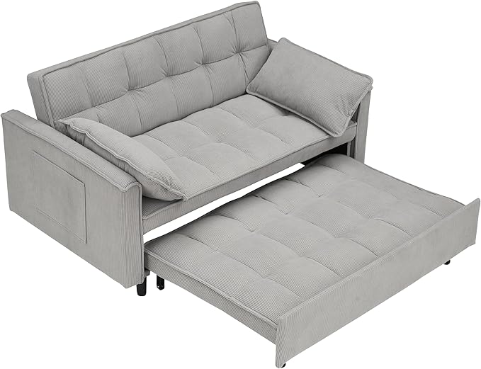 Ball & Cast Convertible Sofa Bed,Pull Out Loveseat Sleeper Sofa,Convertible Pull Out Couch W/2 Pillows,Adjustable Backrest & Side Pocket,Corduroy Futon Couches for Living Room,Apartment,Light Gray,54"