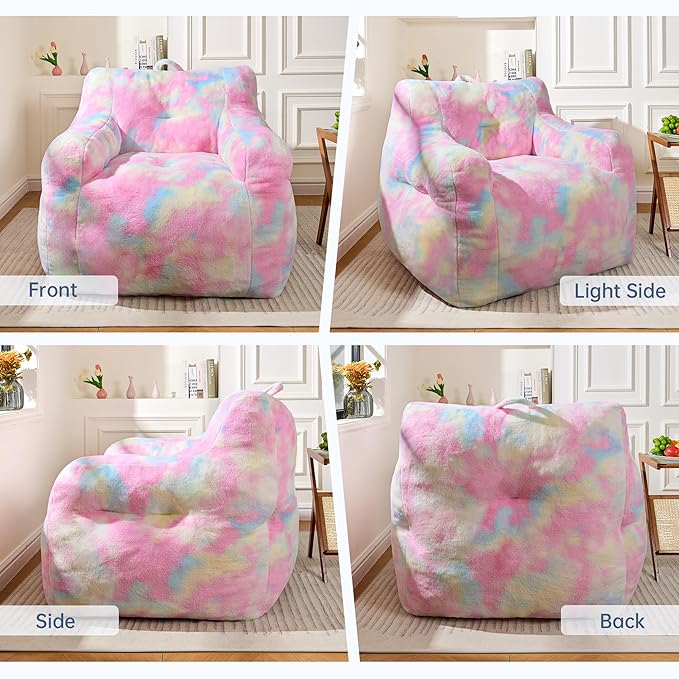 Large Bean Bag Chairs for Adults & Kids, 3FT Memory Foam Bean Bags with Filler, Ultra Soft Faux Fur Fabric - Fluffy Bean Bag Chair for Living Room Bedroom College Dorm (Colorful)