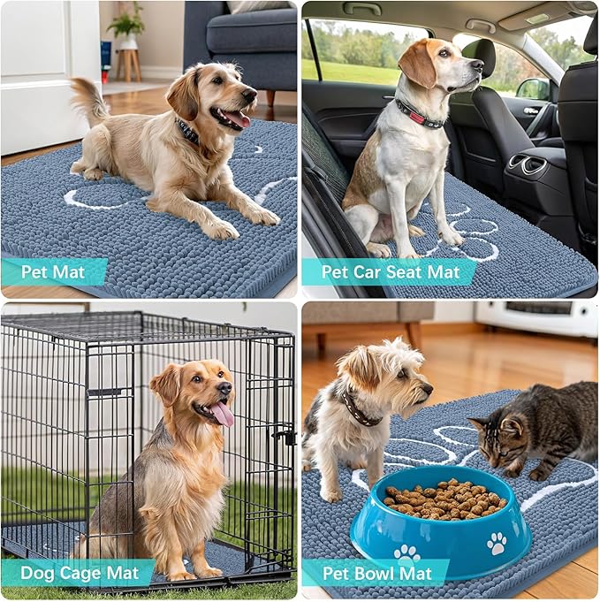 OLANLY Door Mat for Muddy Dog Paws 30x20, Absorbent Chenille Doormat with Paw Print Design, Non-Slip Washable Doormat for Indoor Entryway, Quick-Dry Pet Bed Mats for Dirty Dogs, Airy Blue and White