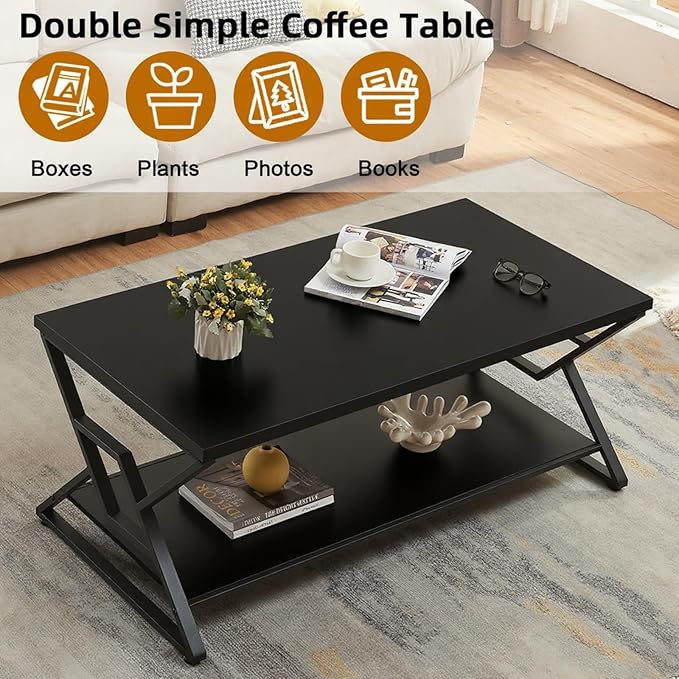 HOMISSUE Coffee Table, Rustic Rectangle Coffee Table with 2-Tier Storage, Engineered Wood Center Table with Open Shelves, Minimalist Coffee Table for Living Room, 39 Inch, Black