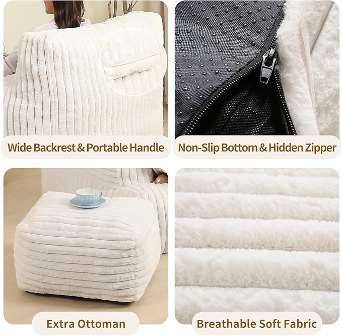 Comfy Gaint Bean Bag Chair with Ottoman, Fluffy Huge Bean Bag Armchair for Adults and Teens, Cream