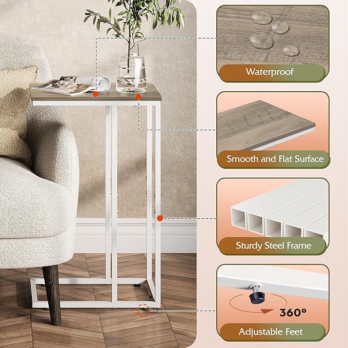 WLIVE Side Table, C Shaped End Table for Couch, Sofa and Bed, Large Desktop C Table for Living Room, Bedroom, Creamy Greige