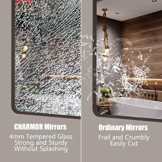 60x36 Bronze Bathroom Vanity Mirror for Wall, Large Bronze Frame Mirror with Brushed Metal Frame, Rounded Rectangle Mirror, Shatterproof, Anti-Rust (Horizontal/Vertical)