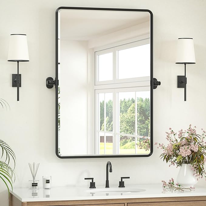 Keonjinn 24 x 36 Inch Pivot Mirror Bathroom, Black Tilt Mirror Bathroom for Wall, Matte Black Beveled Pivot Rectangle Mirrors for Over Sink, Farmhouse Metal Framed Vanity Mirrors, Horizontal/Vertical
