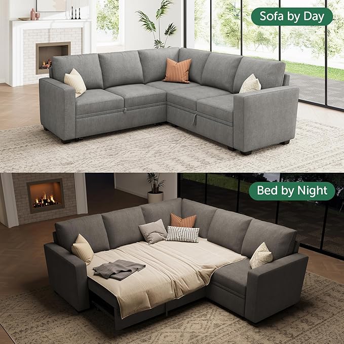 HONBAY Modular Sectional Sleeper Sofa with Pull Out Bed, Chenille L Shaped Couch with Storage Seats, Convertible Sectional Couches for Living Room, Warm Grey