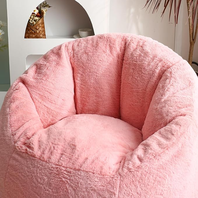 N&V Medium Shell Bean Bag Chair, Adult Size Bean Bag Sack, Foam Filling, Includes Removable and Machine Washable Cover, 37in, Soft Faux Fur, Pink