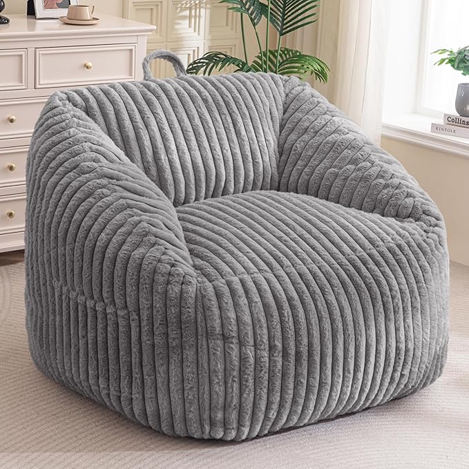 BYBYME Giant Bean Bag Chair for Adults and Kids, Large Comfy Cozy Beanbag, Floor Sofa for Teens, Living Room, Gaming, Reading, Grey