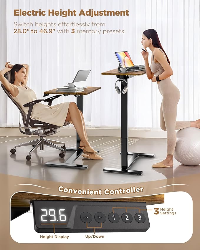 Electric Adjustable Height Standing Desk - Small Sit Stand Portable Rolling Laptop Table with Hidden Wheels, Small Computer Workstation for Bedside & Home Office Use (24"x16",Rustic Brown)