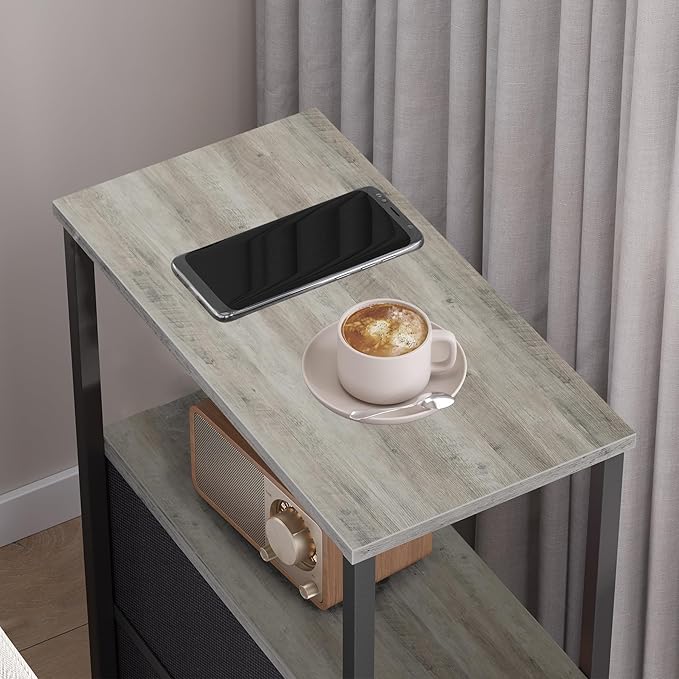 TUTOTAK Small Narrow End Table, Set of 2, Side Table, Nightstand with 2 Cloth Drawers, Couch Table, for Living Room, Bedroom, Bedside, Greige TB01BG054