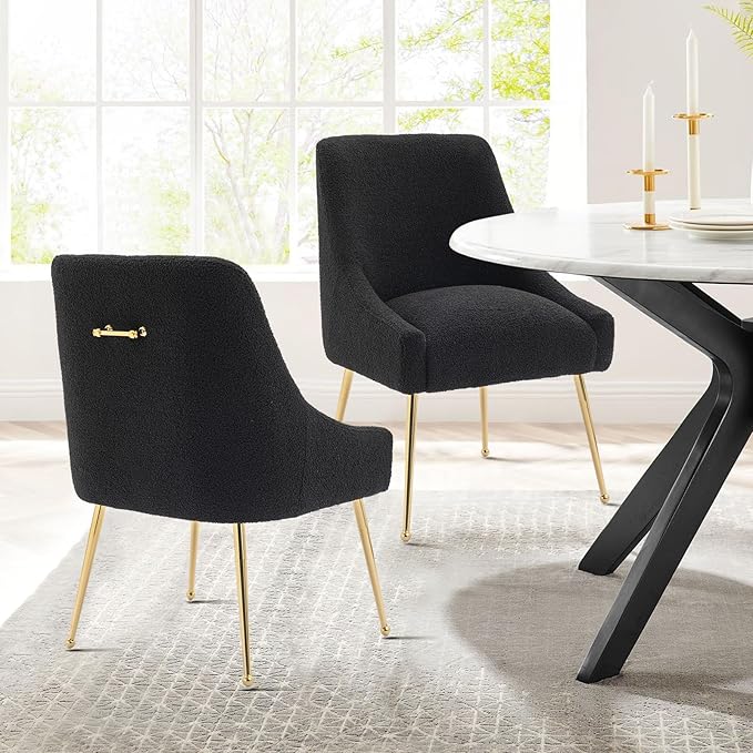Modern Velvet Dining Chairs Set of 4, Contemporary Upholstered Furniture Collection with Polished Gold Metal Legs, Elegant Accent Chairs for Kitchen Living Room(Teddy Fleece,Black)