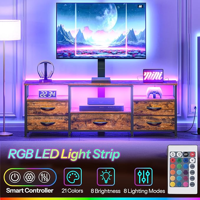 HOOBRO TV Stand with Mount and Power Outlet, for 32/45/55/60/65 inch TVs, Swivel Led Entertainment Center with Drawers, Adjustable Media Console for Living Room, Bedroom, Rustic Brown BF130UDDS01