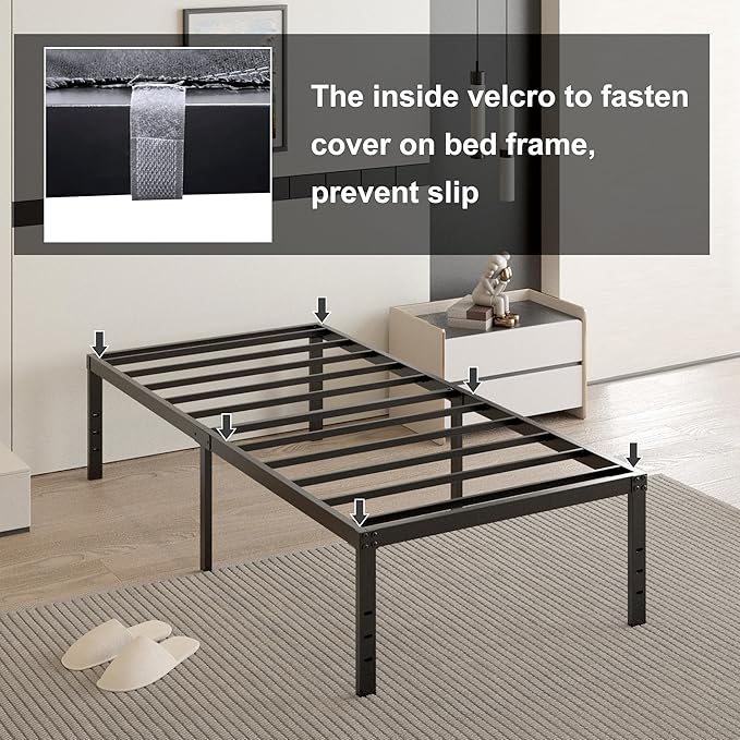 18 Inch Twin XL Bed Frames with Black Bed Cover, Metal Bed Frame Twin XL No Box Spring Needed, Heavy Duty Mattress Foundation, Easy Assembly, Noise Free