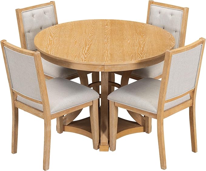 Merax 5-Piece Extendable Round Dining Table Set 42"-58" Retro Functional Table and 4 Upholstered Chairs for Dining Room and Living Room (Natural)