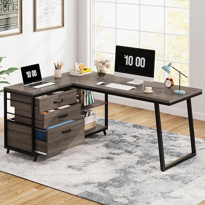 Tribesigns L-Shaped Desk with 3 Drawers, Reversible Corner Home Office Computer Desk with Shelves, 53-Inch Industrial PC Desk Study Writing Table Workstation for Small Space, Grey