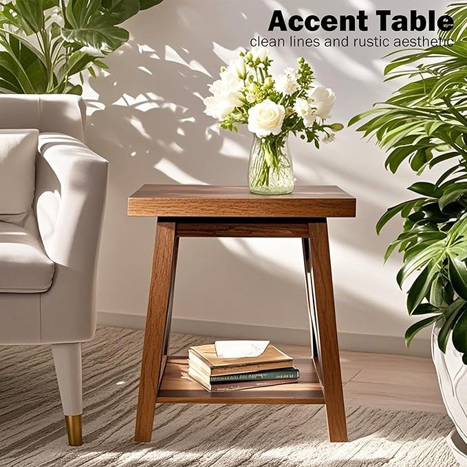 Rustic End Table, Farmhouse Side Table with Storage Shelf, Wood Side Table for Living Room, Accent Table for Small Spaces, Brown