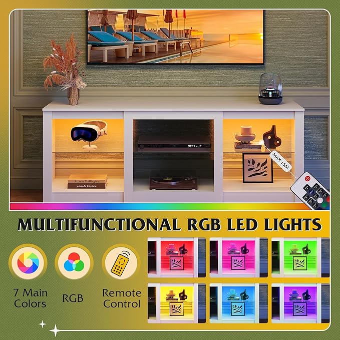 WLIVE LED TV Stand for 65 Inch TV, Modern Entertainment Center with Adjustable Glass Shelves & Customizable LED Lights, Sturdy Media Console for Living Room, Bedroom,Gaming (White)
